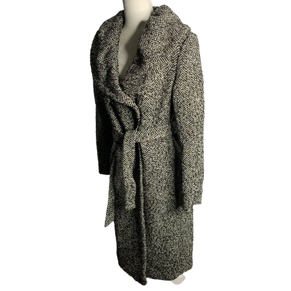 Calvin Klein Tweed Wool Blend Coat 2 Black Grey Herringbone Pockets Tie Belt - Picture 6 of 7